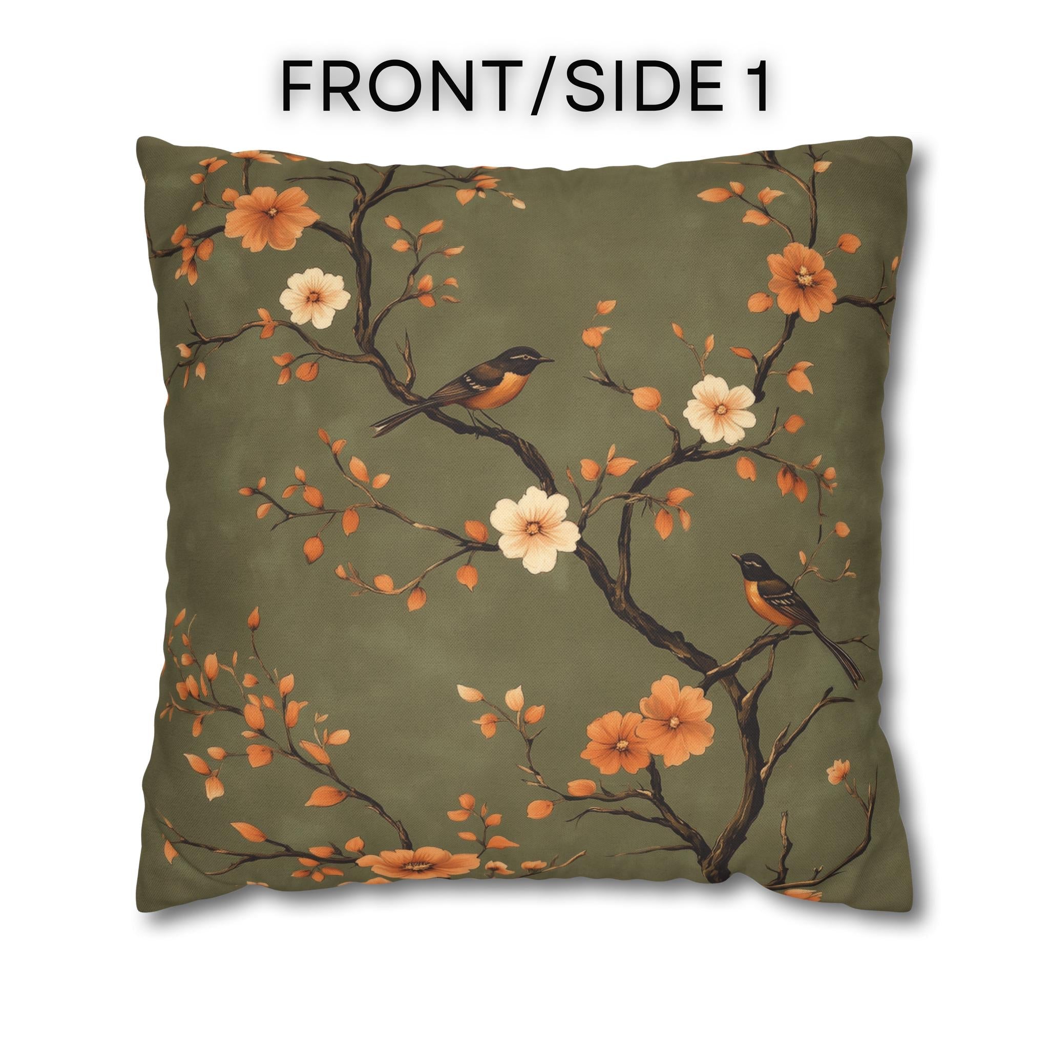 Chinoiserie Bird Pillow Cover: Peach & Brown Floral, Olive Green Accent