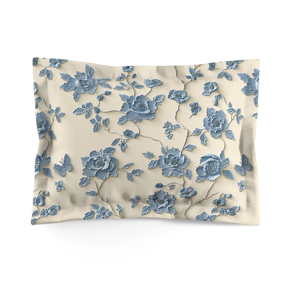 Blue Floral Chinoiserie Microfiber Pillow Sham, Cream Background, Stylized Peonies Design