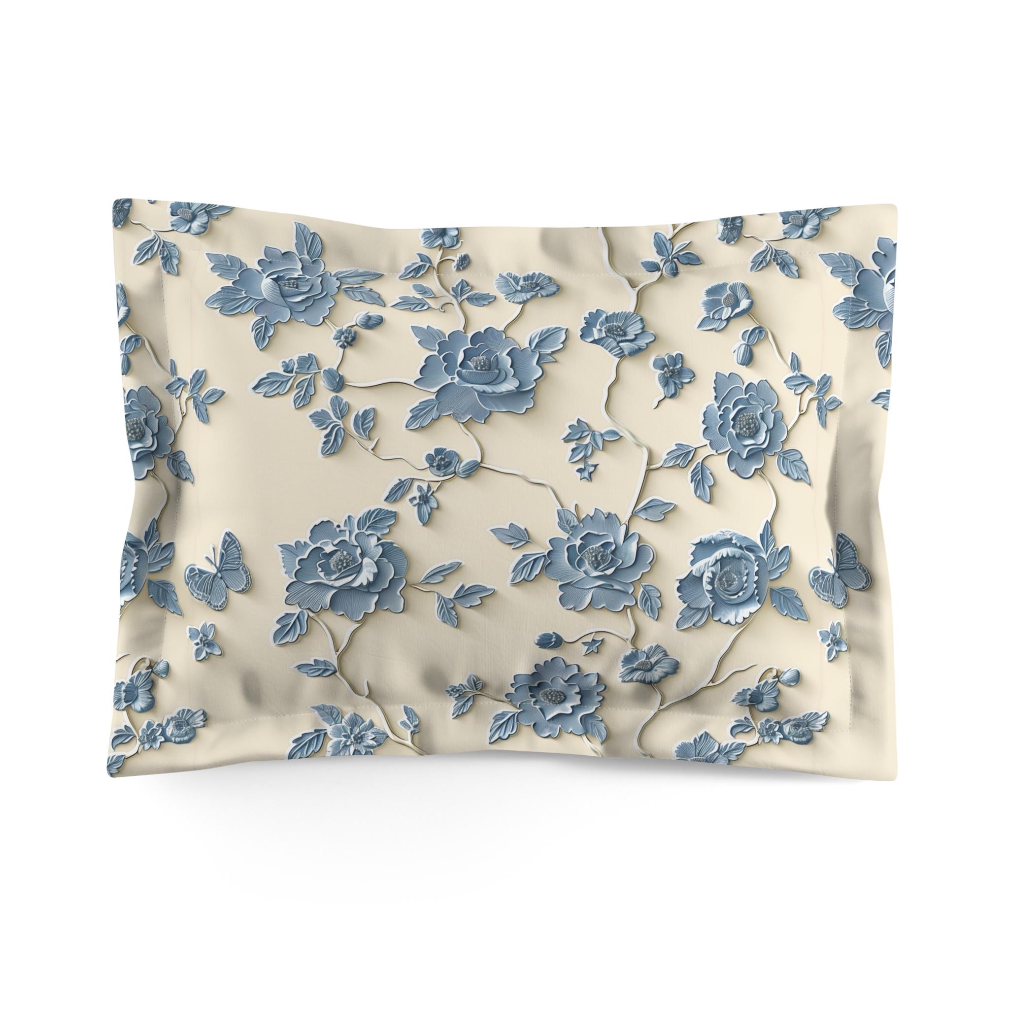 Blue Floral Chinoiserie Microfiber Pillow Sham, Cream Background, Stylized Peonies Design