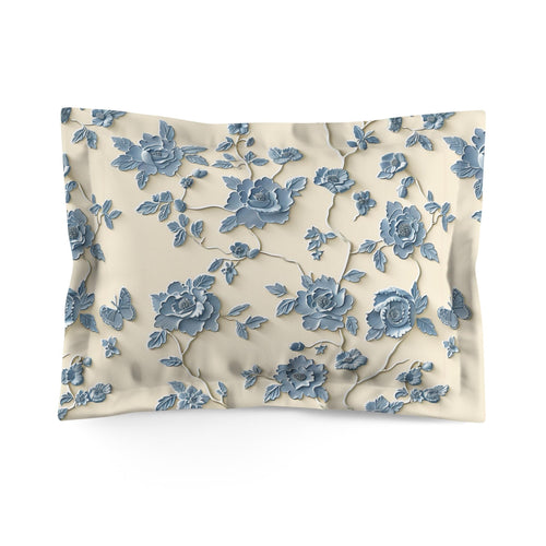Blue Floral Chinoiserie Microfiber Pillow Sham, Cream Background, Stylized Peonies Design