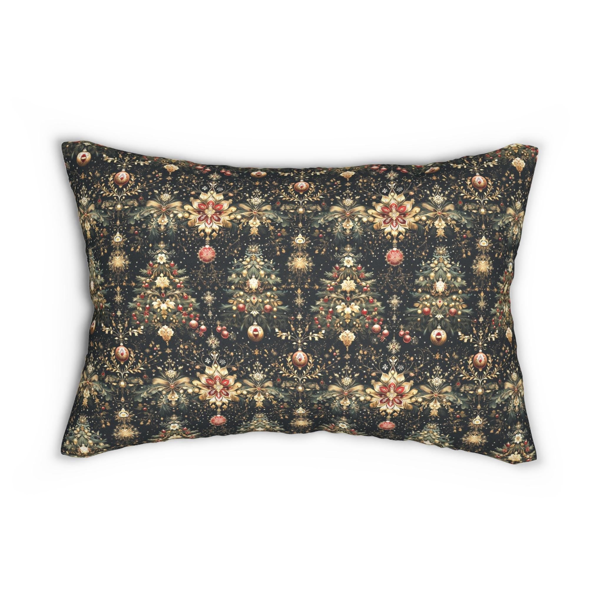 Christmas Tree Lumbar Pillow: Luxe Gold Red & Green on Deep Charcoal Holiday Decor