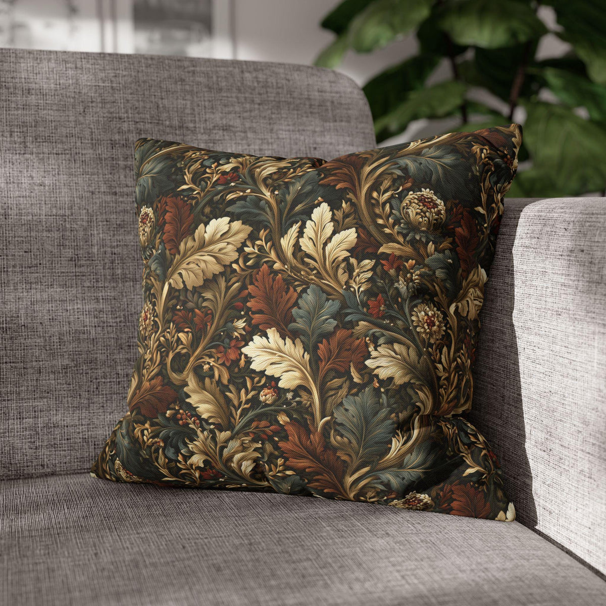Fall Leaves Pattern Pillow Cover: Vintage Botanical Accent Cushion in Rust, Blue, and Cream