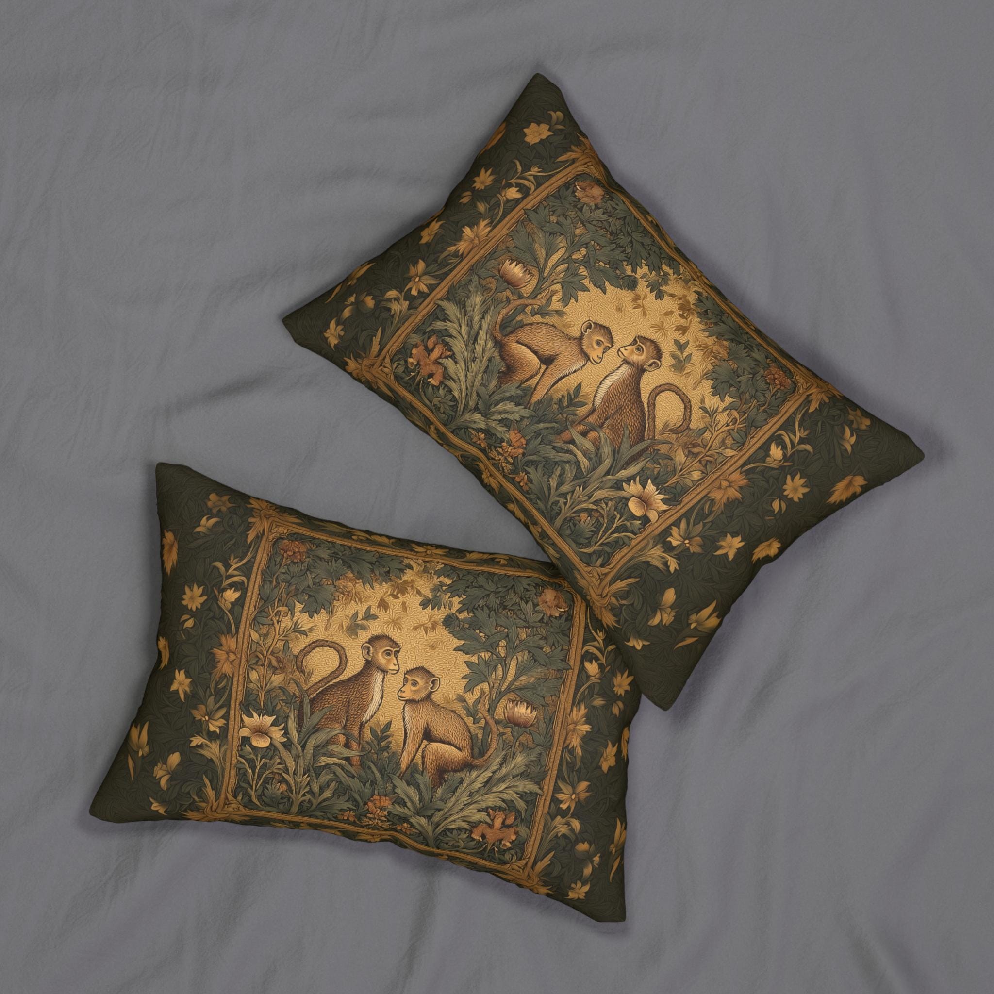 William Morris Style Lumbar Pillow:  Monkey Jungle Botanical Design