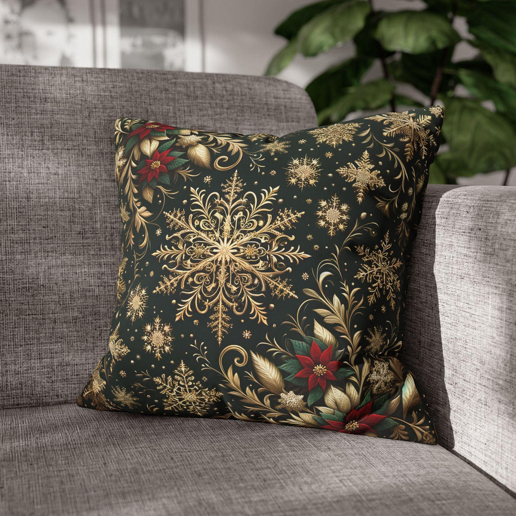Elegant Emerald Poinsettia & Snowflake Euro Sham: Festive Holiday Pillow Cover (24x24, 26x26)