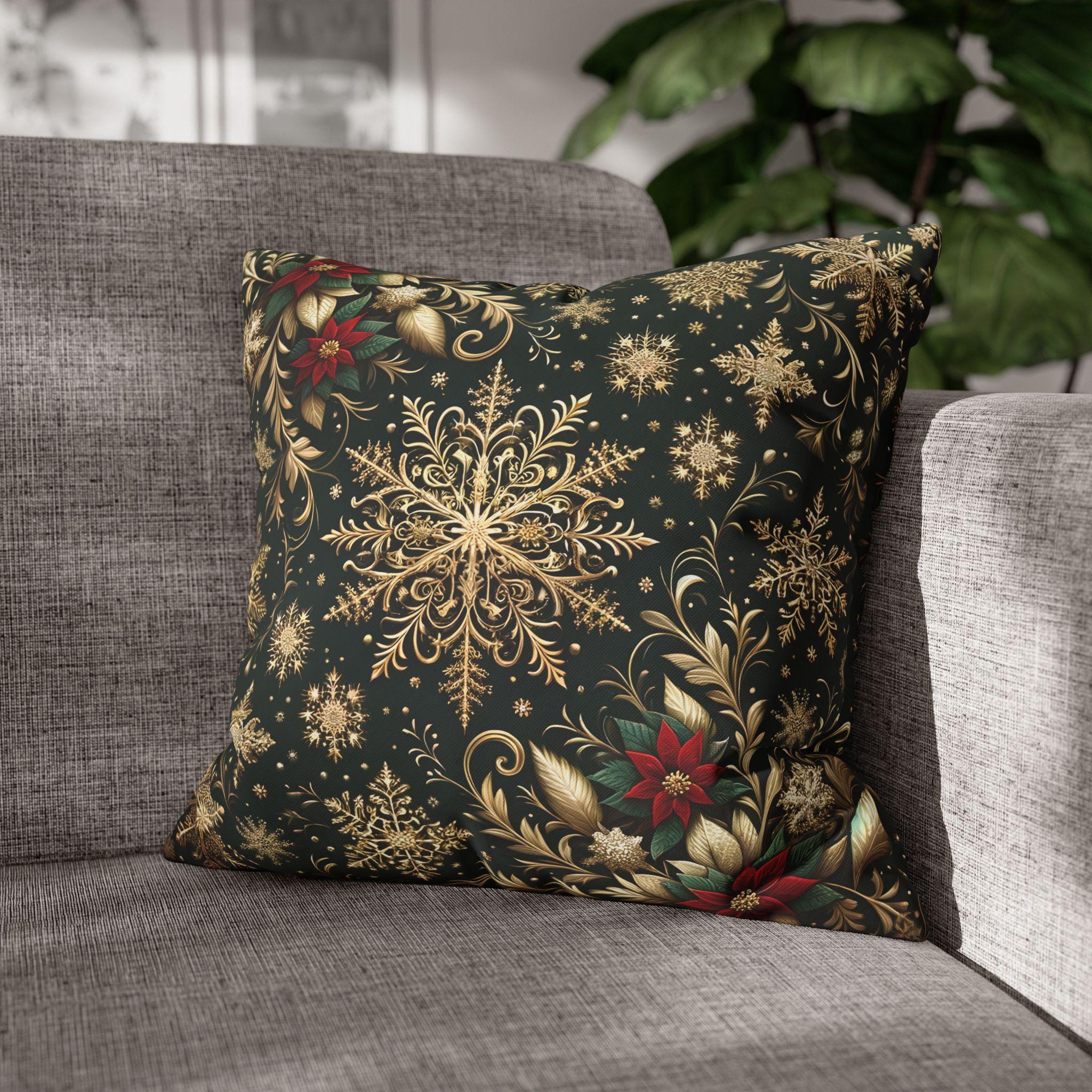 Elegant Emerald Poinsettia & Snowflake Euro Sham: Festive Holiday Pillow Cover (24x24, 26x26)