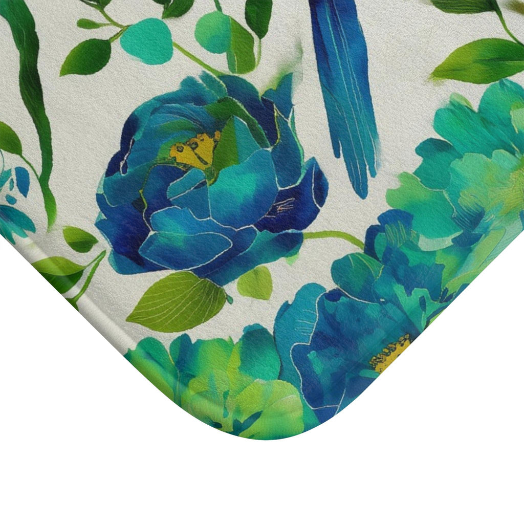 Elegant Chinoiserie Bath Mat: Blue-Green Bird & Floral Design for Stylish Bathroom Accent