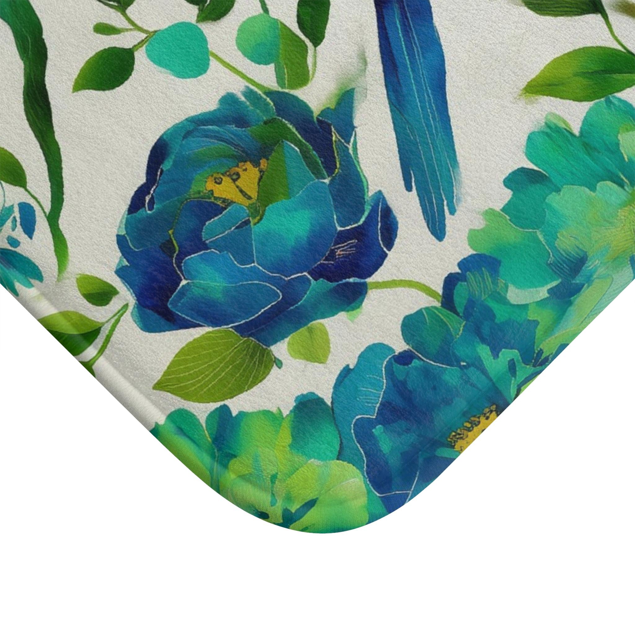 Elegant Chinoiserie Bath Mat: Blue-Green Bird & Floral Design for Stylish Bathroom Accent