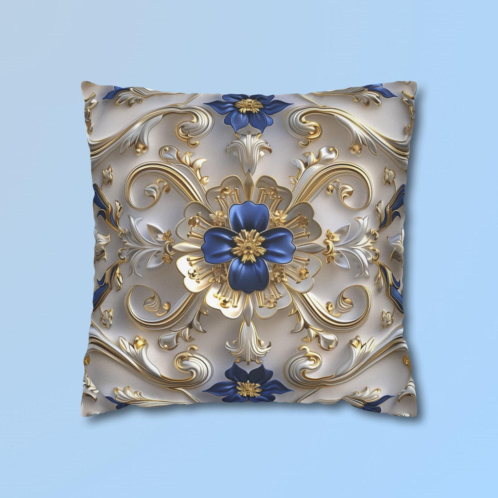 Baroque Inspired Throw Pillow Cover Blue and Gold Ornate Design Elegant Home Decor Gift