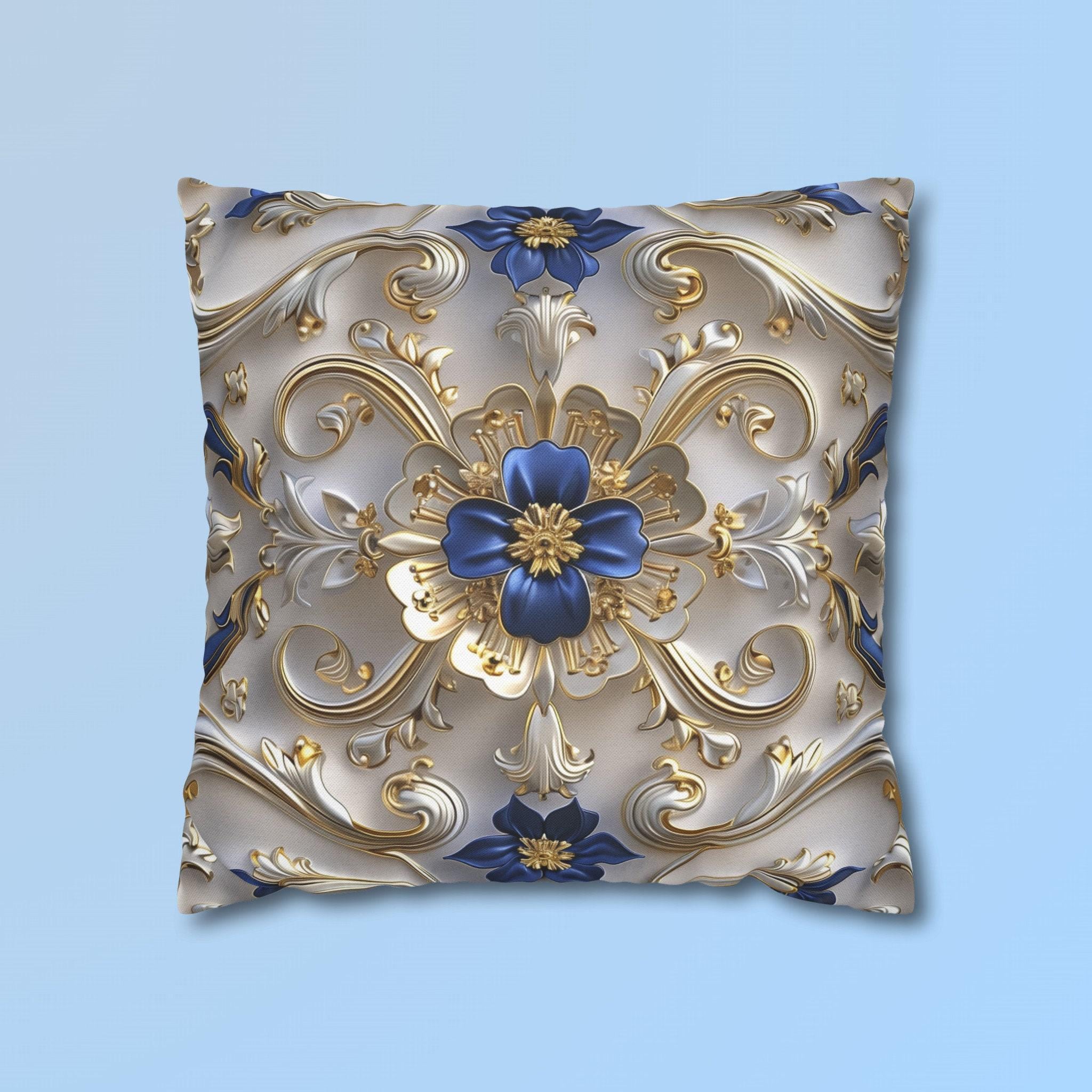 Baroque Inspired Throw Pillow Cover Blue and Gold Ornate Design Elegant Home Decor Gift