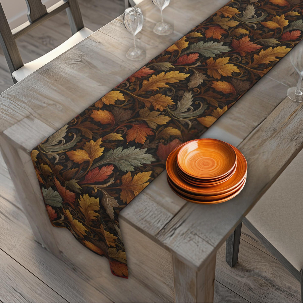 Fall Table Runner: Autumn Leaves Stylized Earth Tone Design for Dining Decor