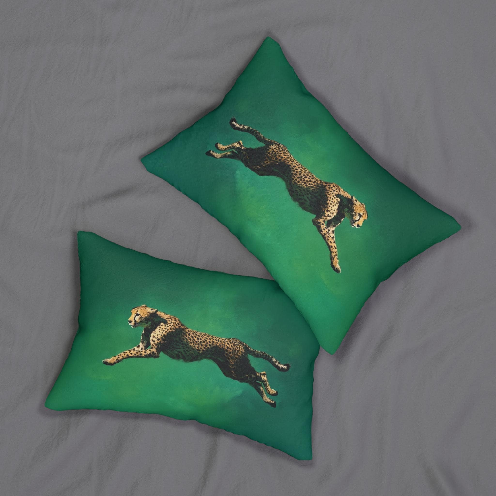 Emerald Sprint Lumbar Pillow: Leaping Cheetah on Jewel-Tone Green
