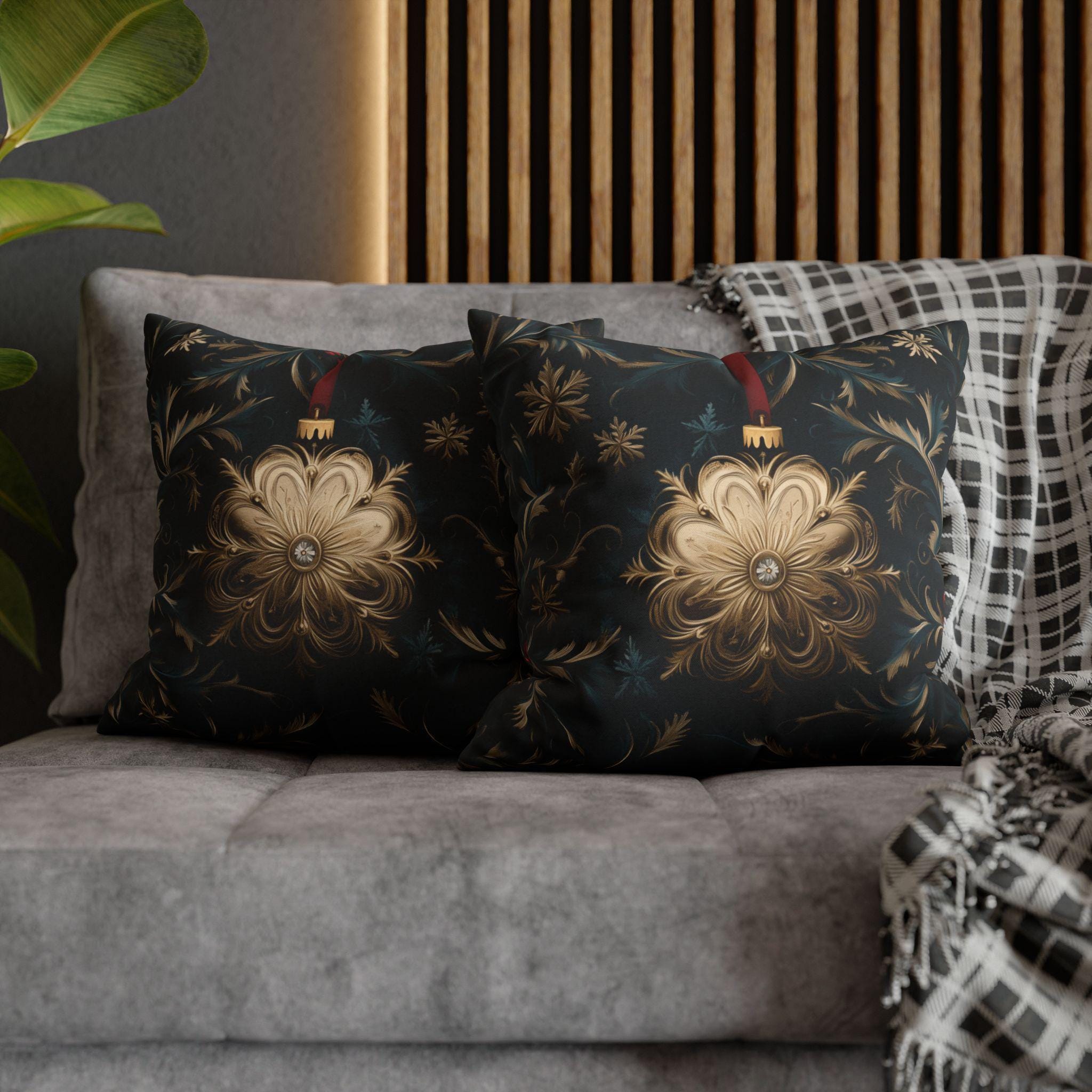 Elegant Navy & Gold Christmas Pillow Cover with Red Berries