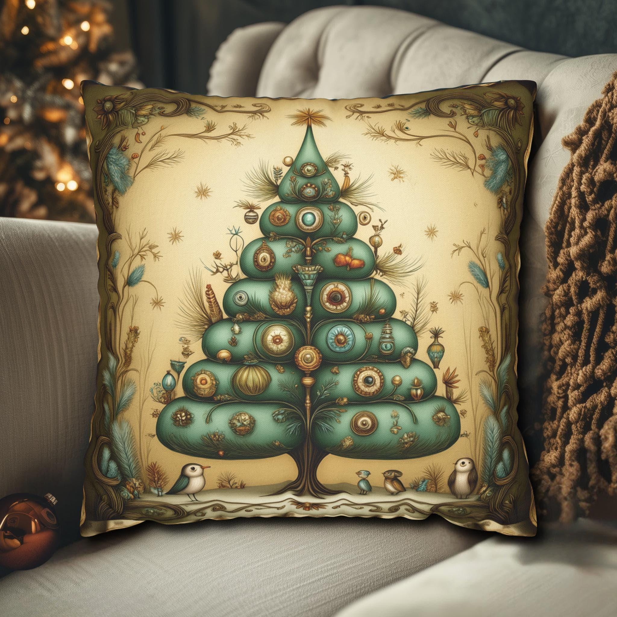 Whimsical Vintage Style Christmas Tree Pillow Cover: Playful Woodland Holiday Decor