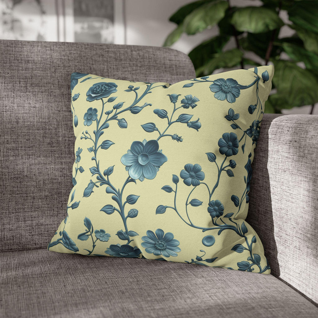 Elegant Chinoiserie Floral Pillow: Teal & Buttery Yellow Botanical Cushion for Classic or Modern Decor
