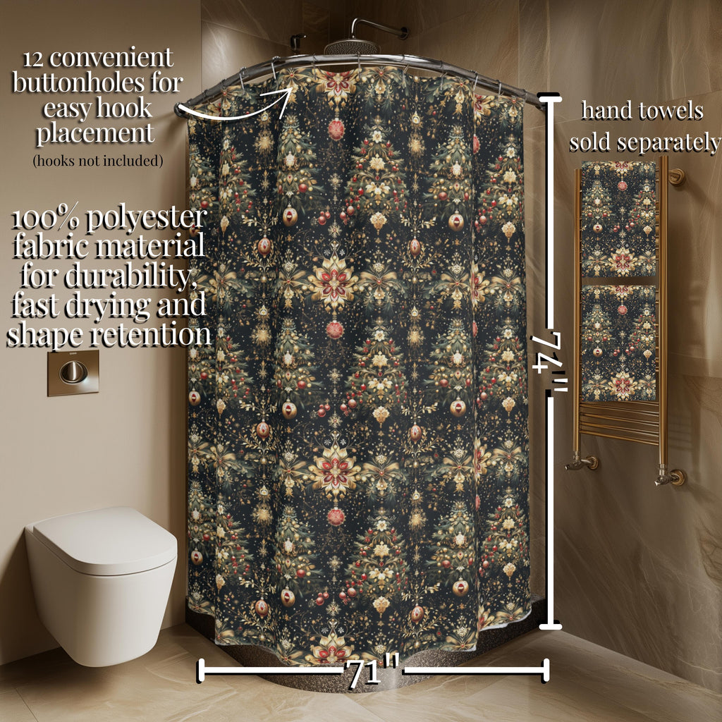 Luxe Christmas Tree Fabric Shower Curtain: Gold, Red & Green Holiday Decor