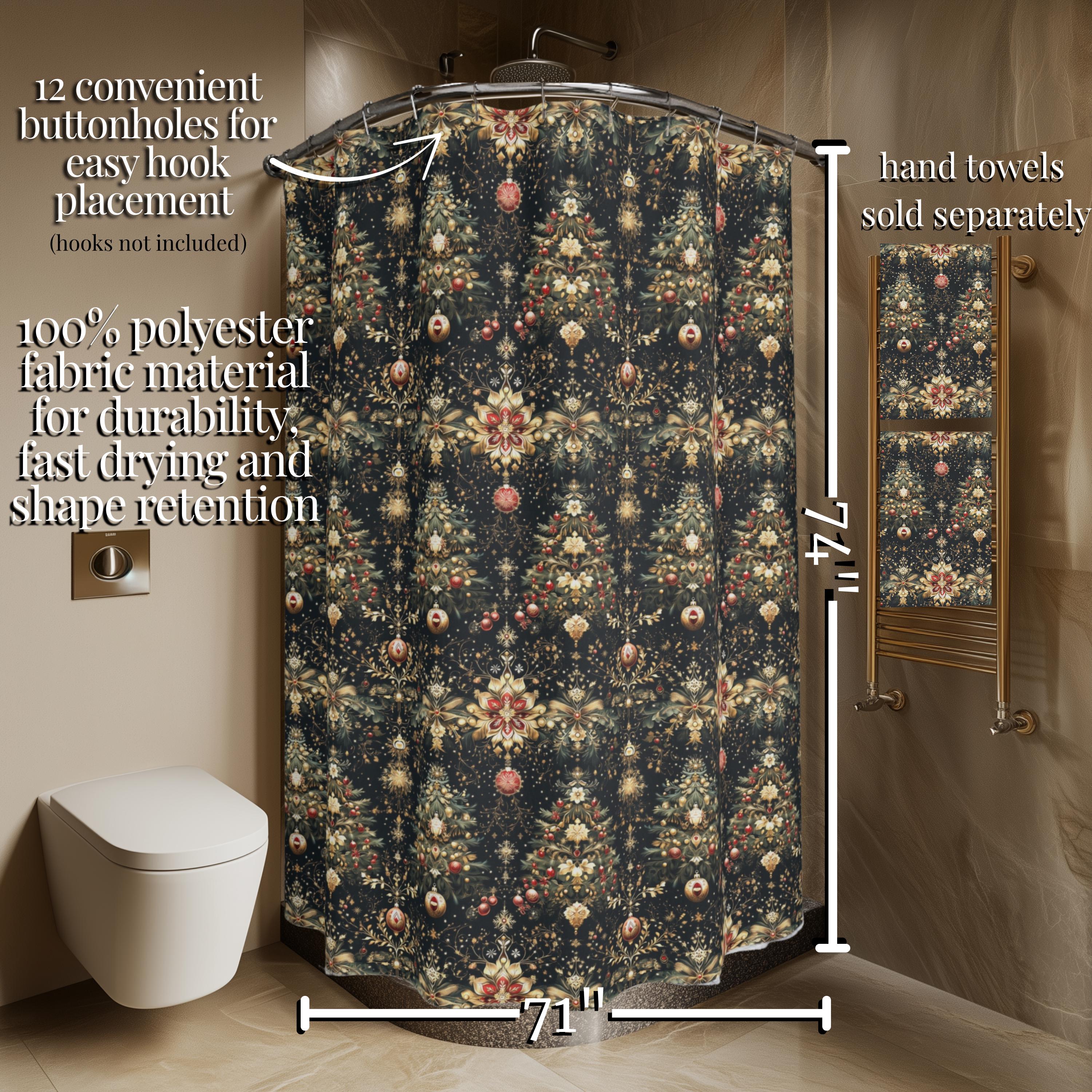 Luxe Christmas Tree Fabric Shower Curtain: Gold, Red & Green Holiday Decor