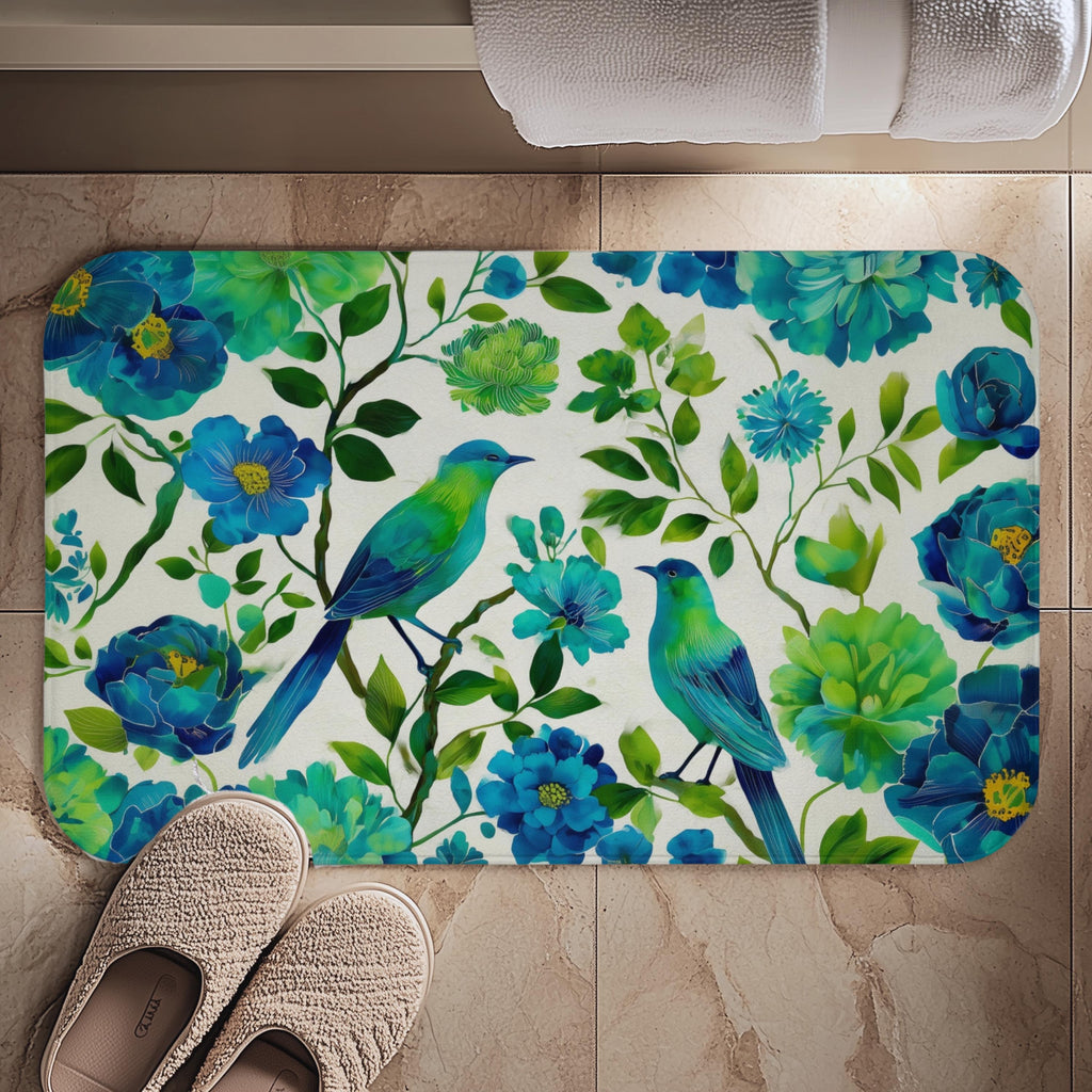 Elegant Chinoiserie Bath Mat: Blue-Green Bird & Floral Design for Stylish Bathroom Accent