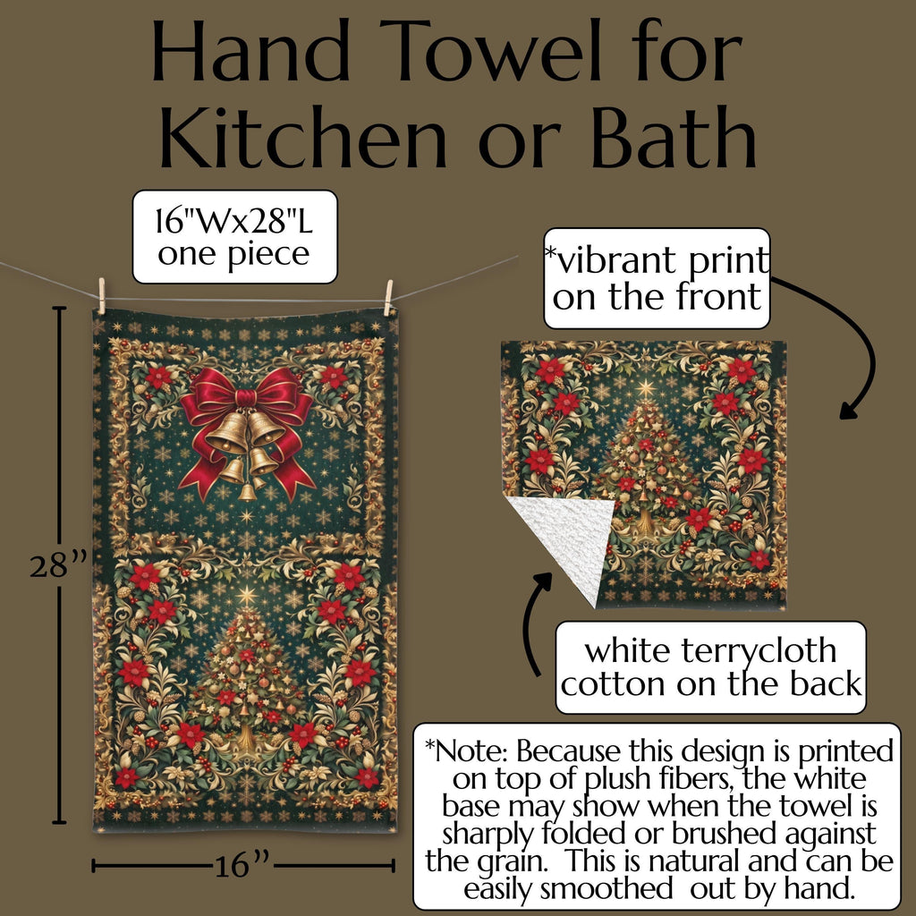William Morris Christmas Hand Towel: Vintage Style Emerald Green Poinsettia, Golden Snowflake
