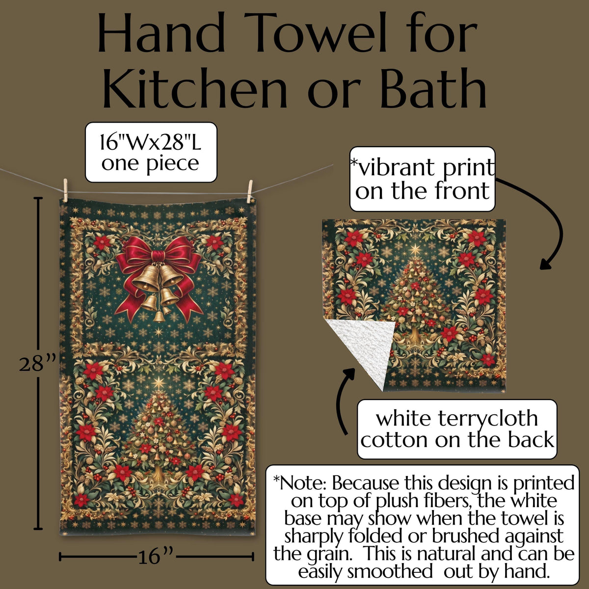 William Morris Christmas Hand Towel: Vintage Style Emerald Green Poinsettia, Golden Snowflake