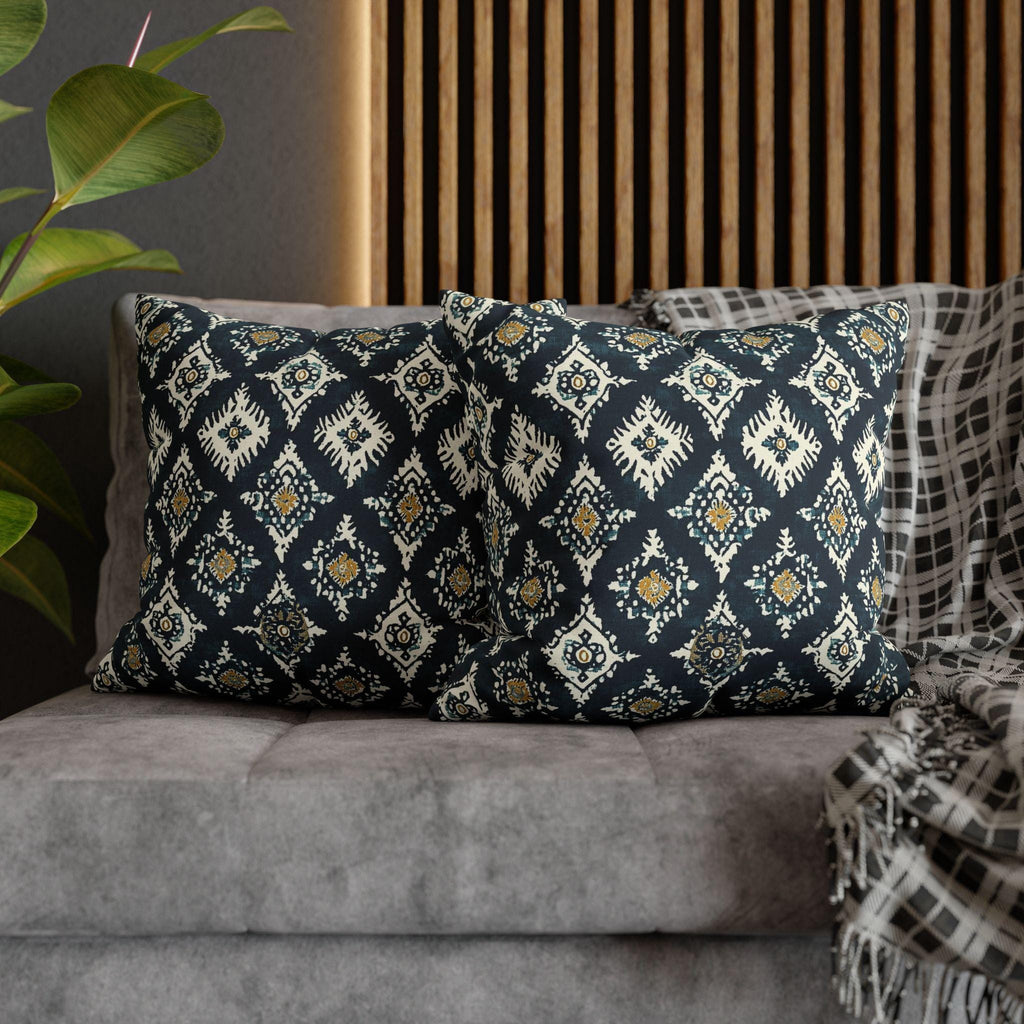 Traditional Ikat Style Pillow Cover | Dark Blue, White, Mustard Yellow | Geometric Design