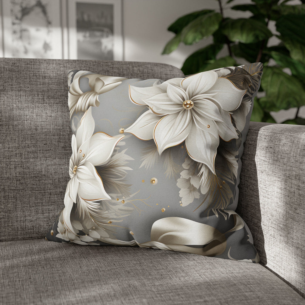 Elegant White Poinsettia Silver Ribbon Pillow Cover: Luxurious Holiday Decor for Couch