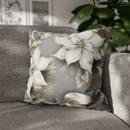 Elegant White Poinsettia Silver Ribbon Pillow Cover: Luxurious Holiday Decor for Couch