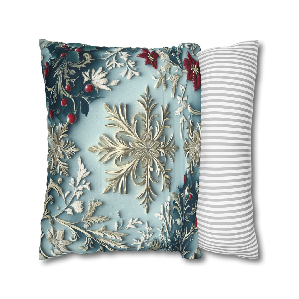 Blue Christmas Pillow Cover Elegant Chinoiserie Inspired Snowflake and Holly Design Light Blue Background