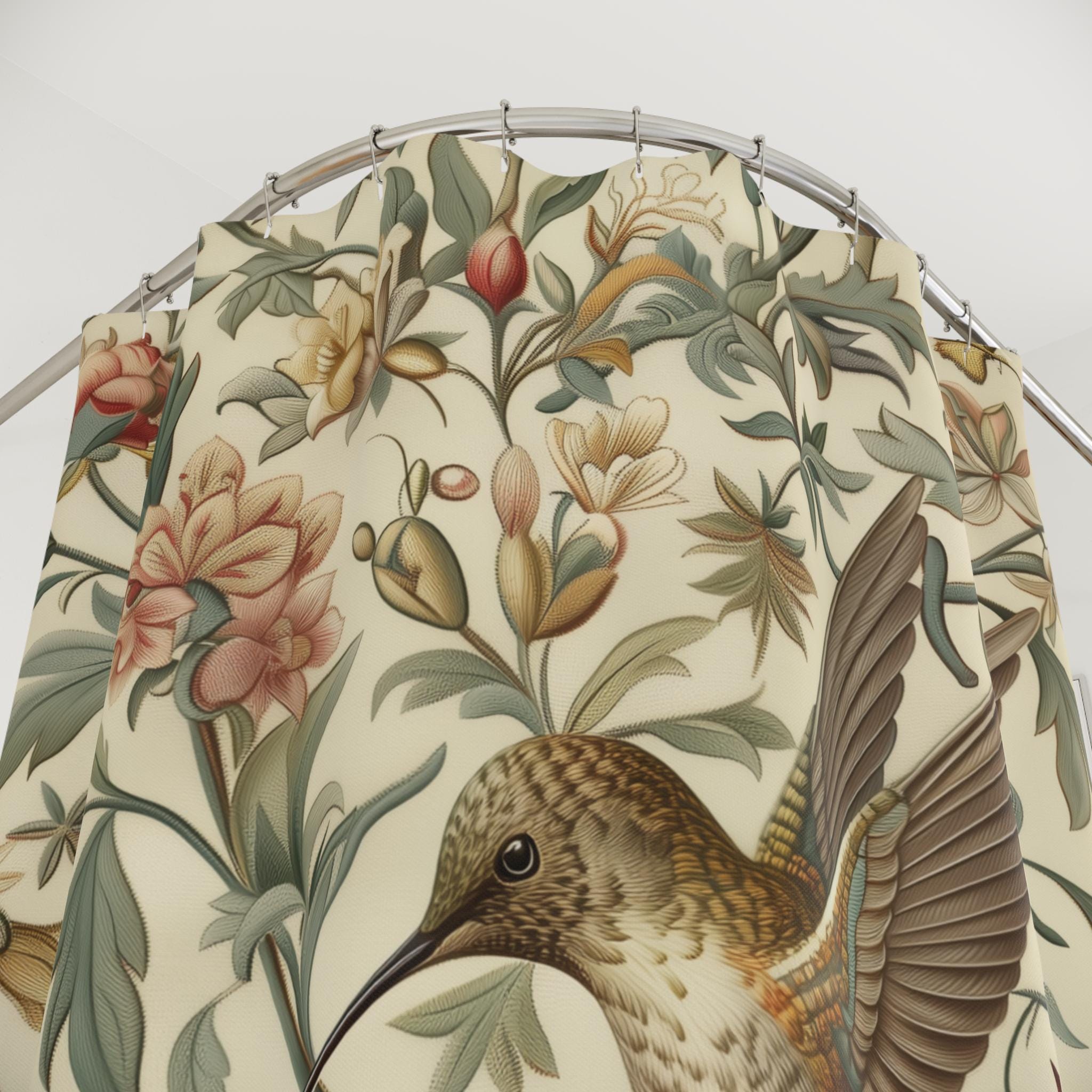 Elegant William Morris Inspired Botanical Shower Curtain: Vintage Style Hummingbird Floral Garden Bath Decor
