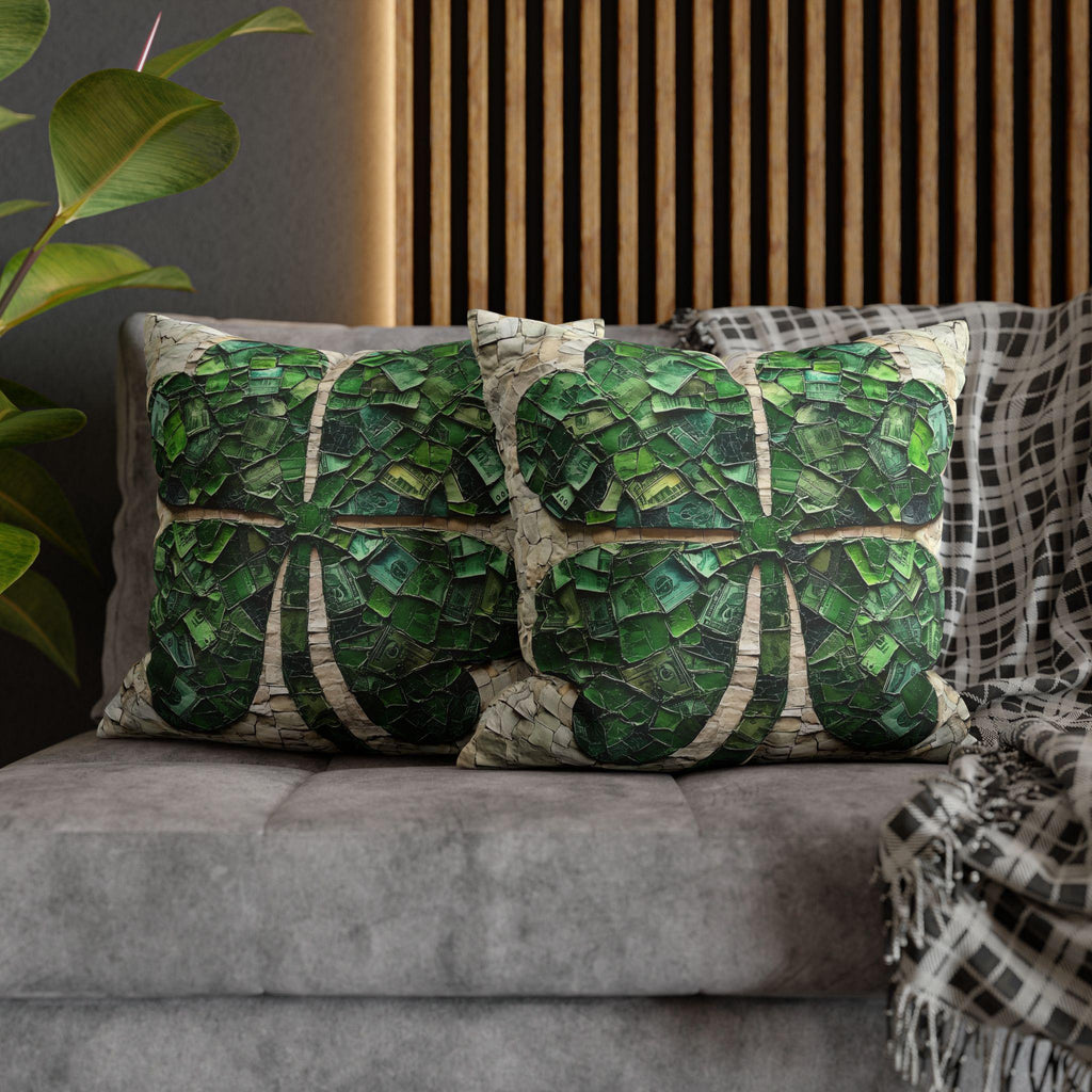 St. Patrick's Day Lucky Clover Pillowcase: Green Money Mosaic Design, Handcrafted Square Decor