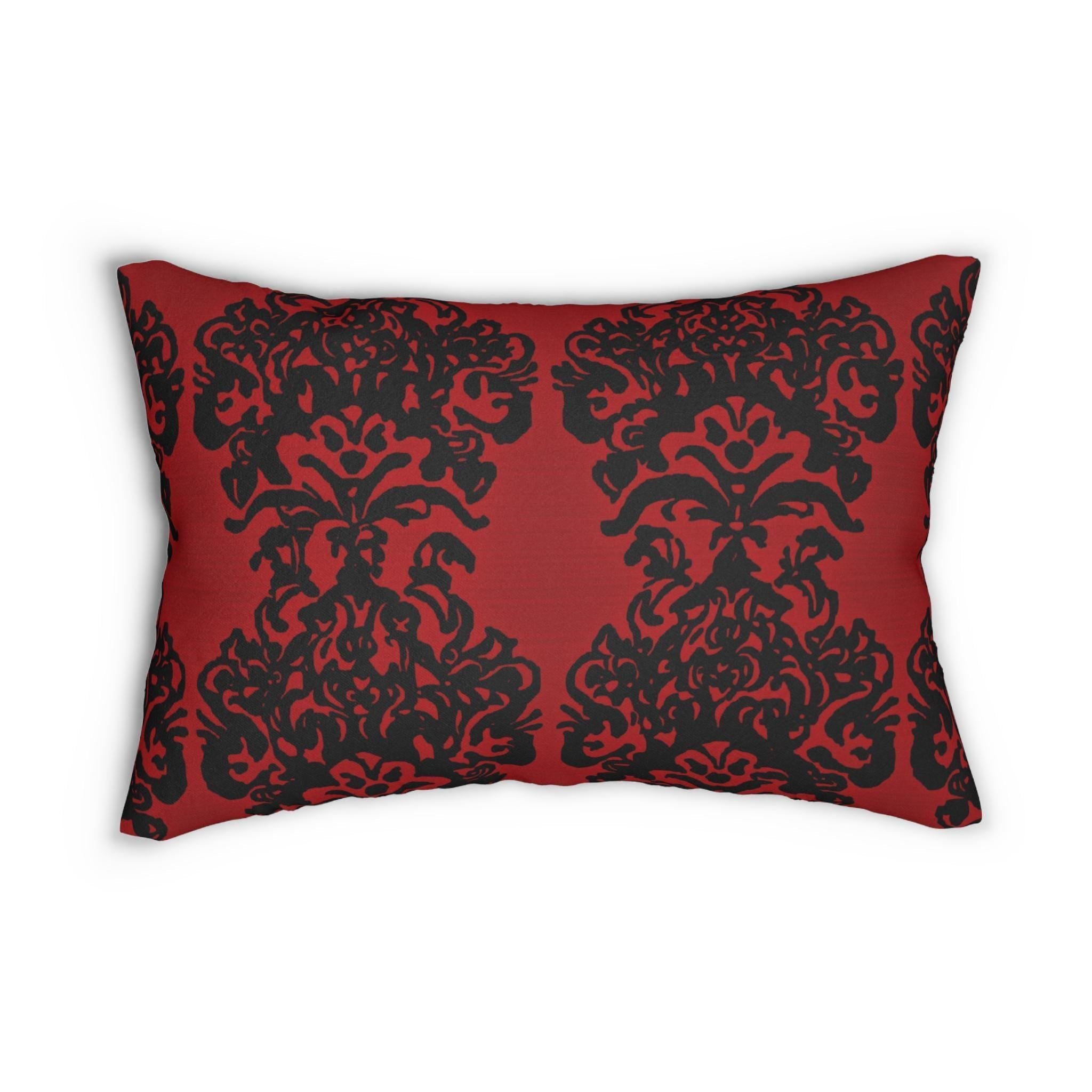 Black Damask Lumbar Pillow: Gothic Crimson Red Cushion