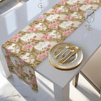 Wedding Table Runner with Pink Roses and Gold Scrollwork: Romantic Floral Decor