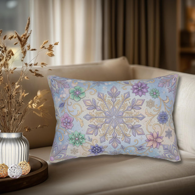 Pastel Snowflake Lumbar Pillow: Coquette Christmas Decor, Dreamy Lilac Mint Winter