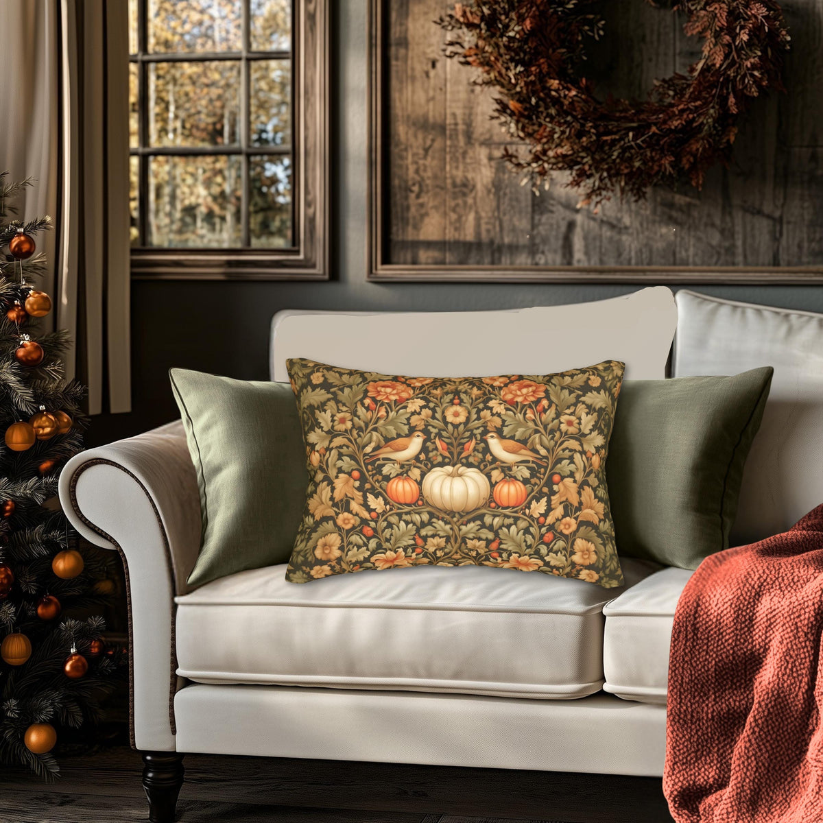 Pumpkin Thief Fall Lumbar Pillow: William Morris Inspired Songbirds, Pumpkins, Autumn Flowers (20"x14")