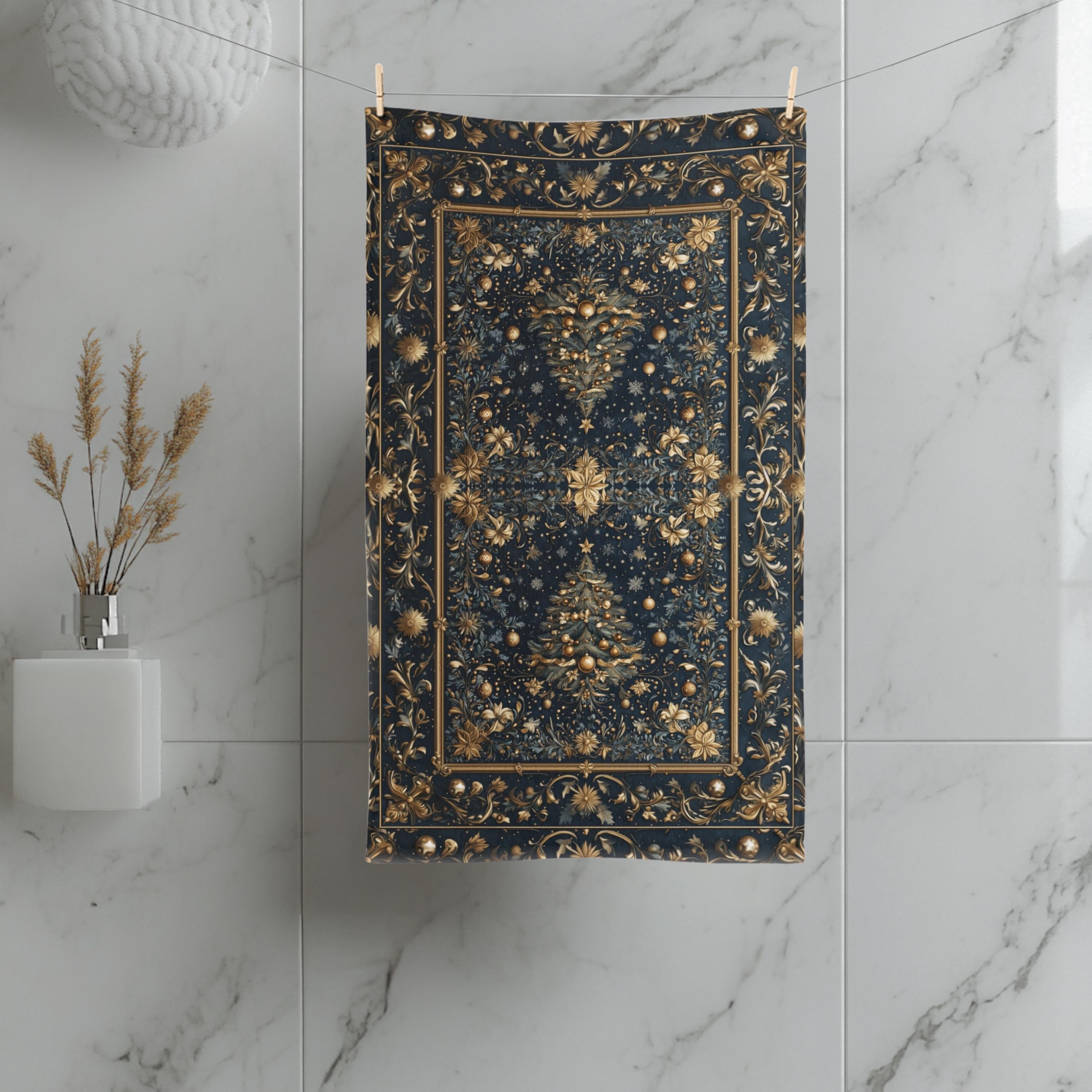 William Morris Inspired Christmas Tree Tea Towel: Gold & Navy Holiday Hand Towel