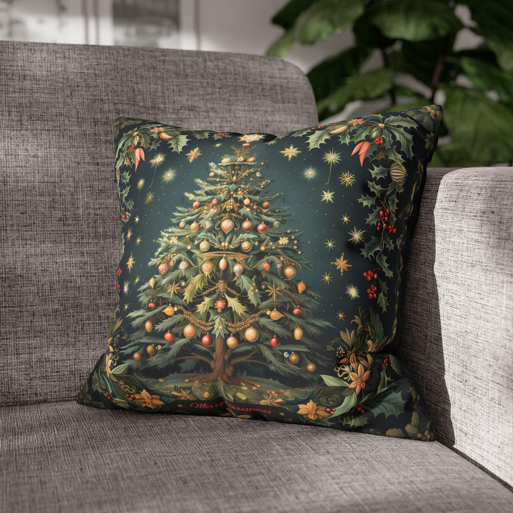William Morris Merry Christmas 2024 Euro Sham, Gold Red Ornaments on Forest Green and Holly 24x24 & 26x26 inch sizes available