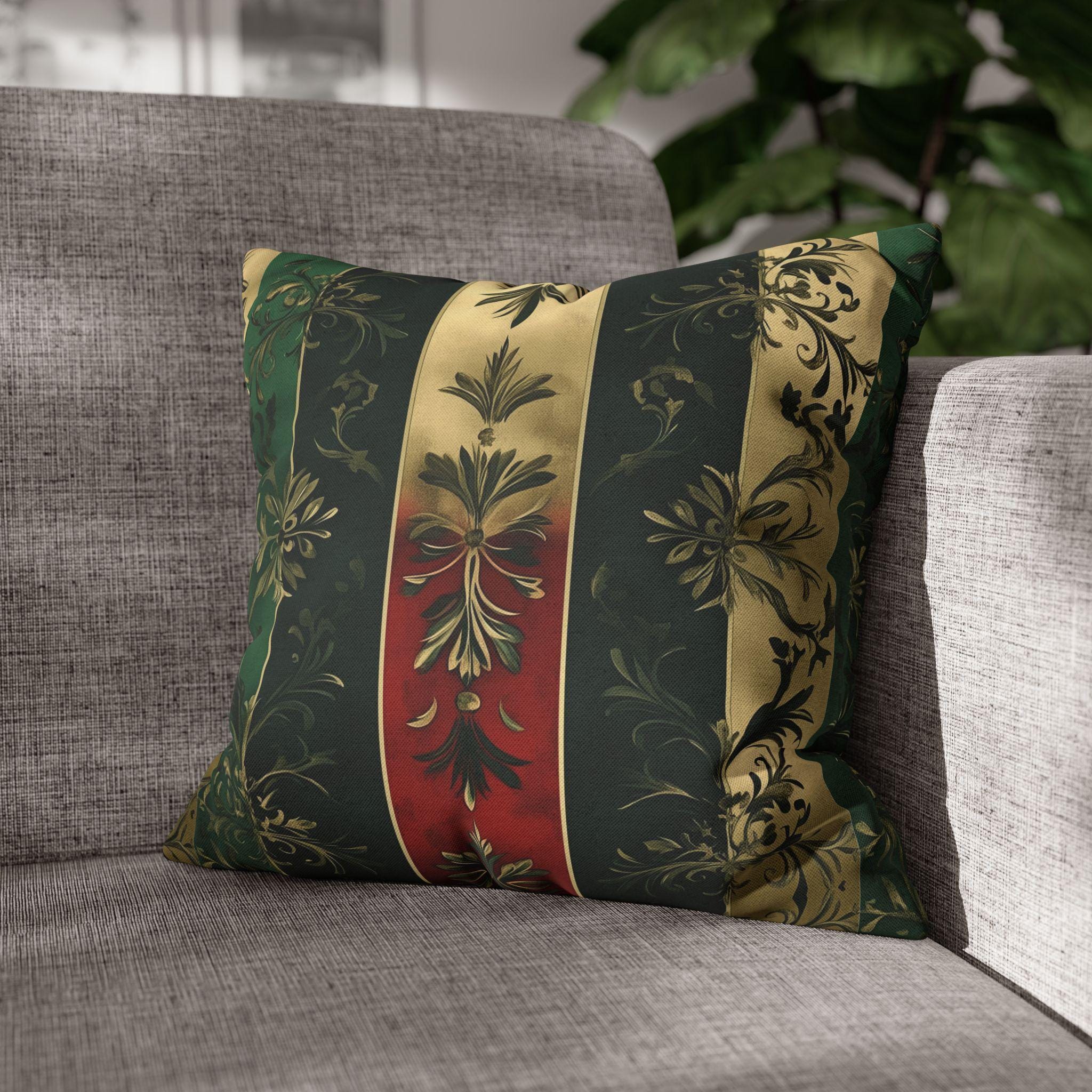 Elegant Holiday Striped Pillowcase: Floral Botanical Design, Gold Green Red Decorative Cover