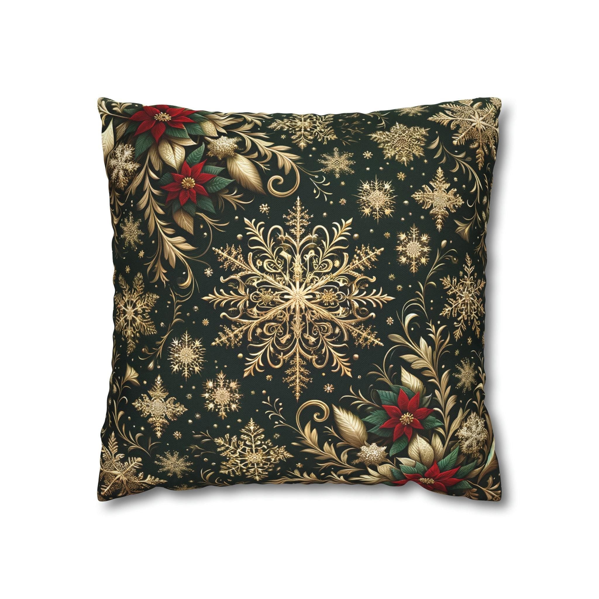 Poinsettia Christmas Holiday Throw Pillow Cover: Golden Snowflakes and Emerald Elegance Decorative Case