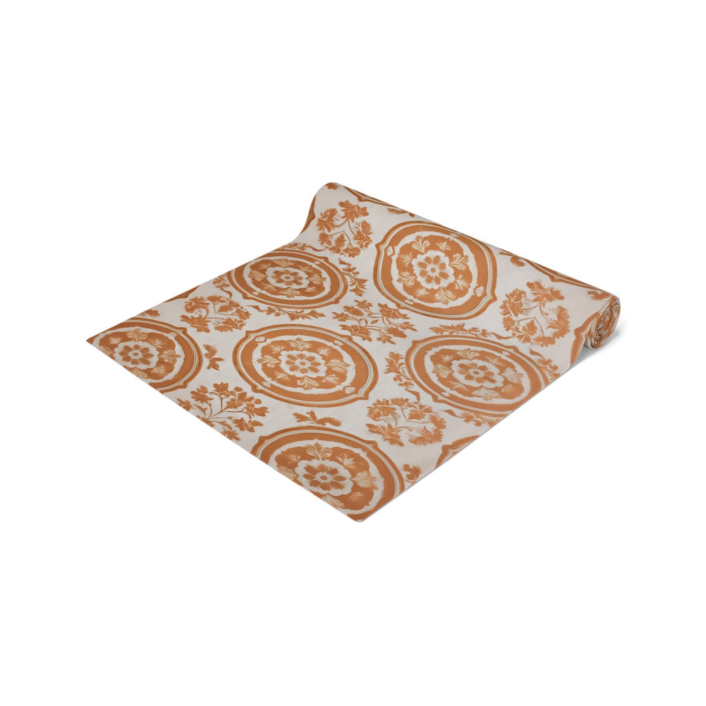 Elegant Terracotta & Ivory Damask Table Runner: French Country Farmhouse Dining Decor