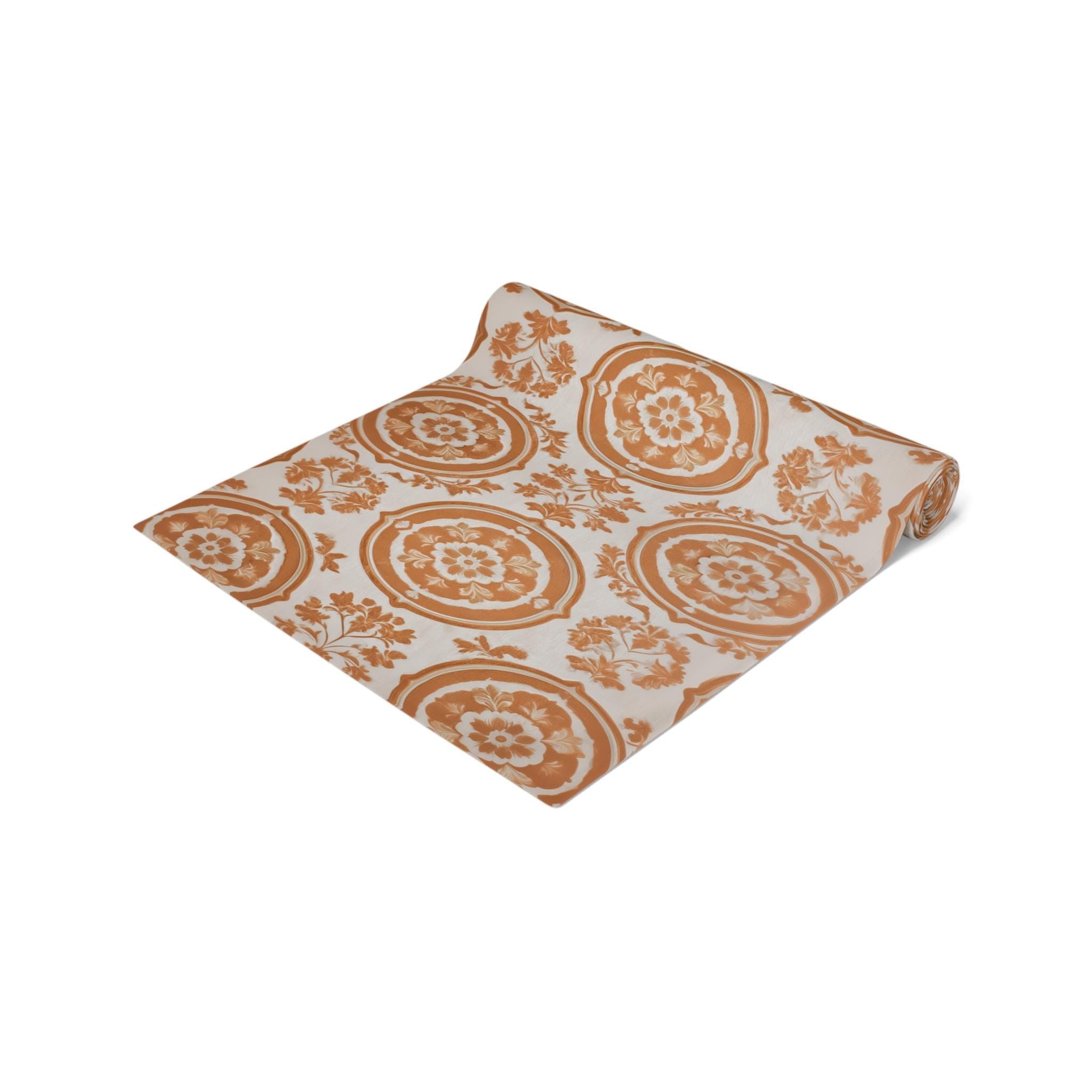 Elegant Terracotta & Ivory Damask Table Runner: French Country Farmhouse Dining Decor