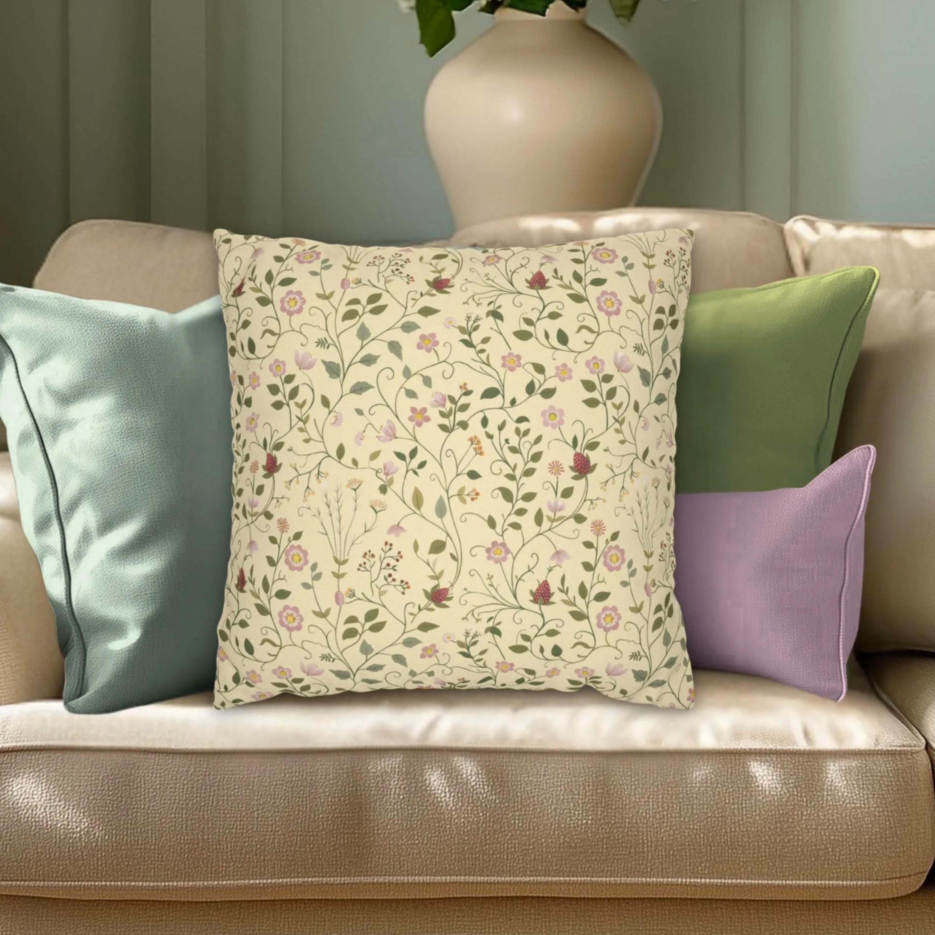 Strawberry Vine Pillow Cover, William Morris Inspired Floral, Cottage Decor