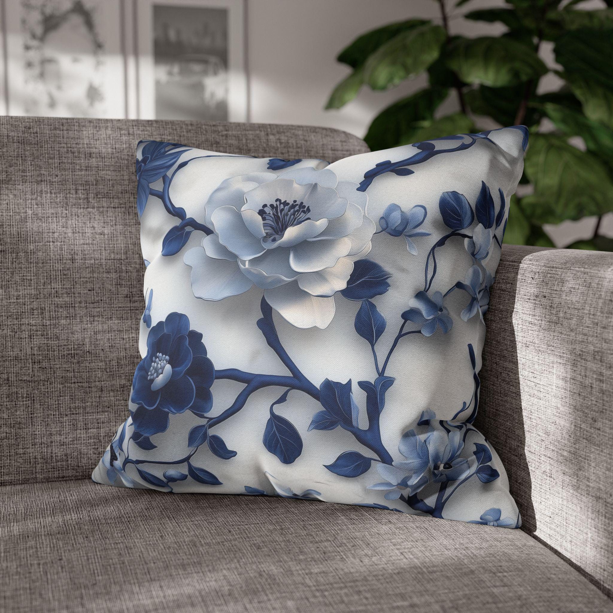 Chinoiserie Pillow Cover | Blue & White Peonies and Camellias | Elegant Home Decor Gift for Home