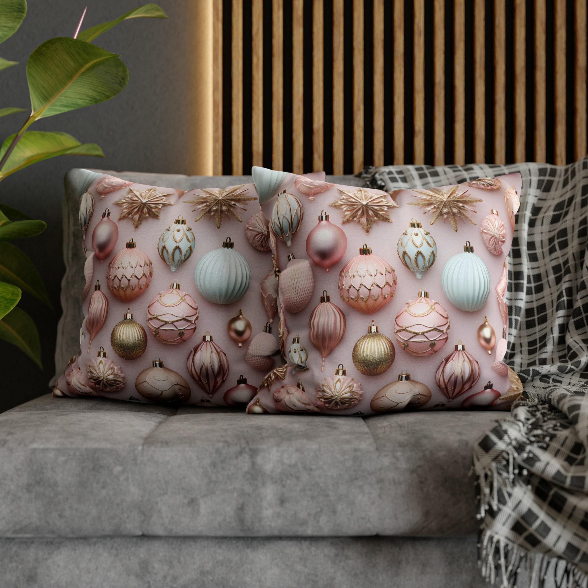 Pastel Holiday Ornaments Pillow Cover: Shimmer & Pink Pattern for Festive Elegance