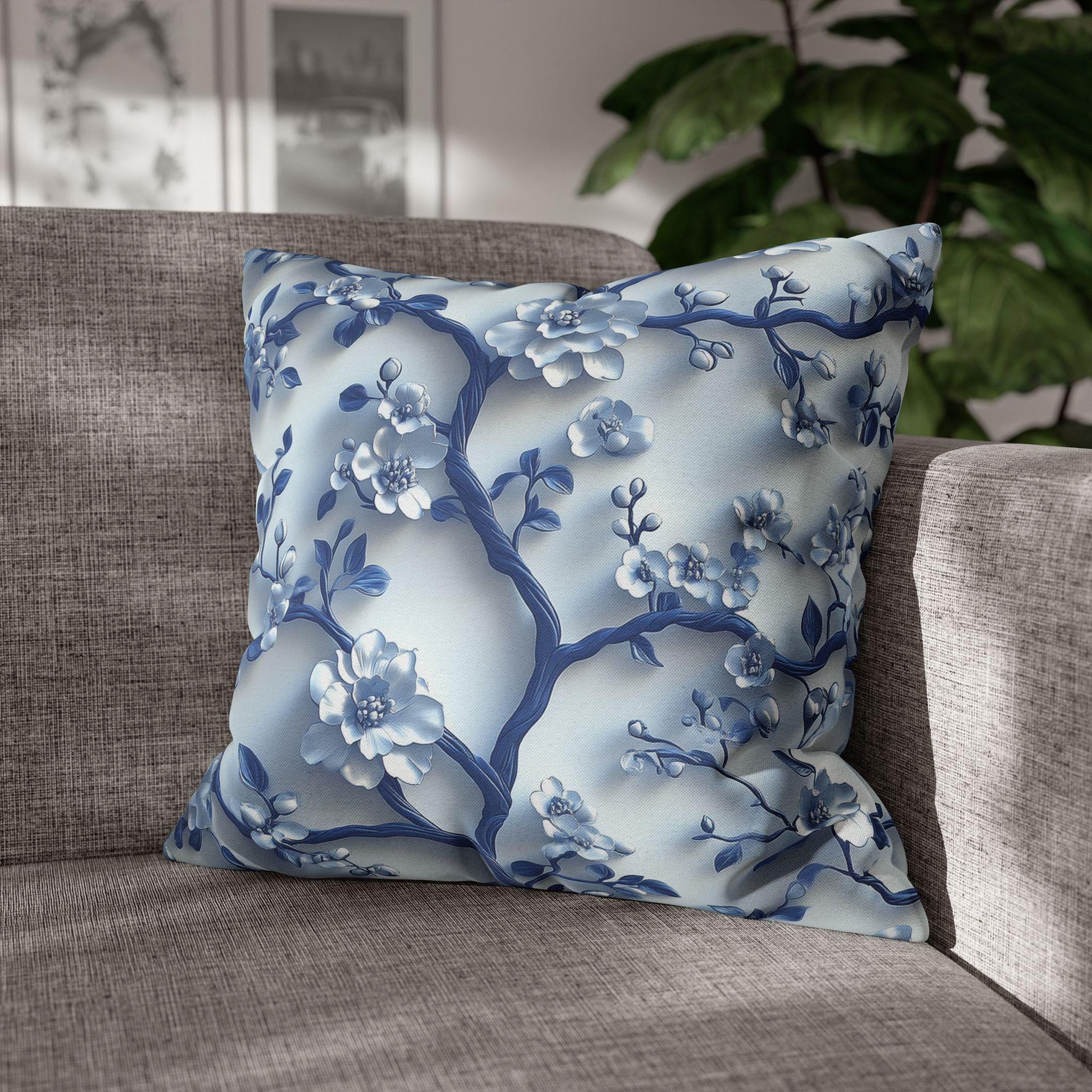 Chinoiserie Pillow Cover | Blue & White Cherry Blossoms | Elegant Home Decor Gift for Home