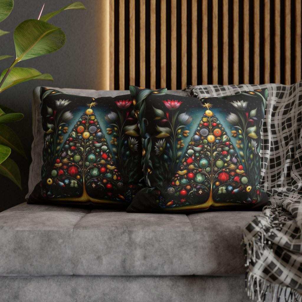 Jewel Tone Christmas Pillow Cover: Decorated Botanical Tree with Bright Ornaments and Florals