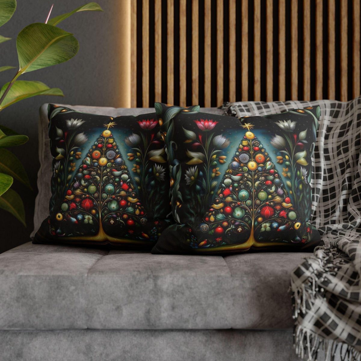 Jewel Tone Christmas Pillow Cover: Decorated Botanical Tree with Bright Ornaments and Florals