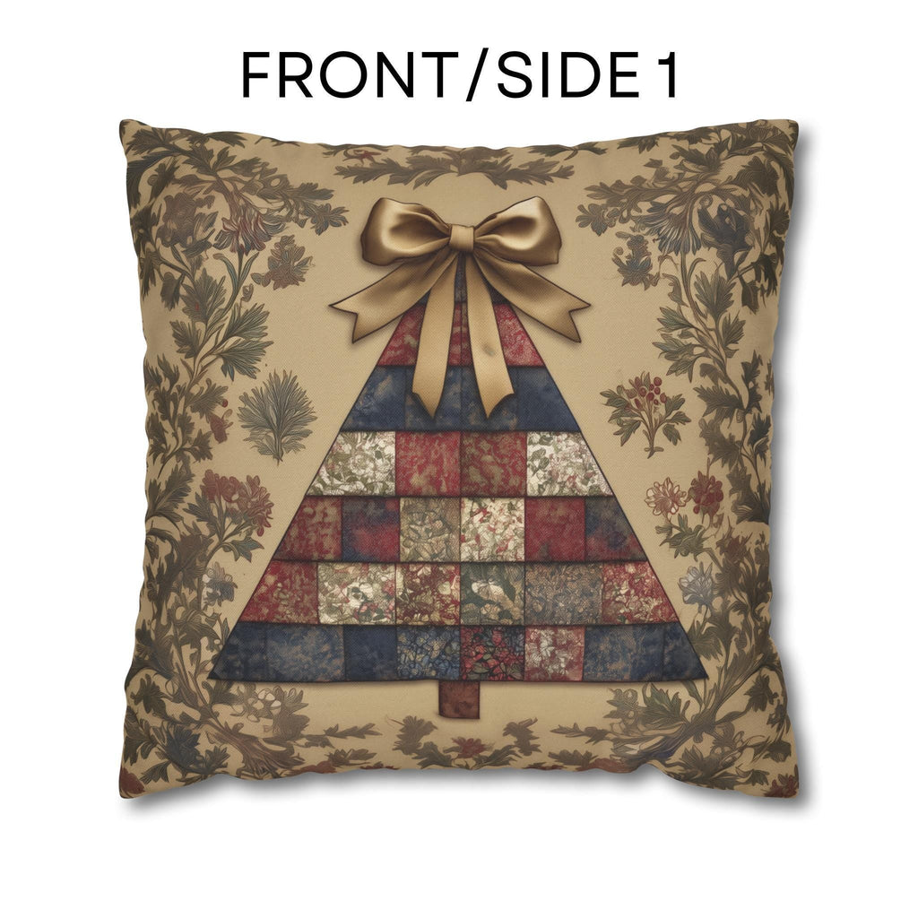 William Morris Christmas Tree Pillow Cover: Quilted Look Navy, Red & Gold Botanicals