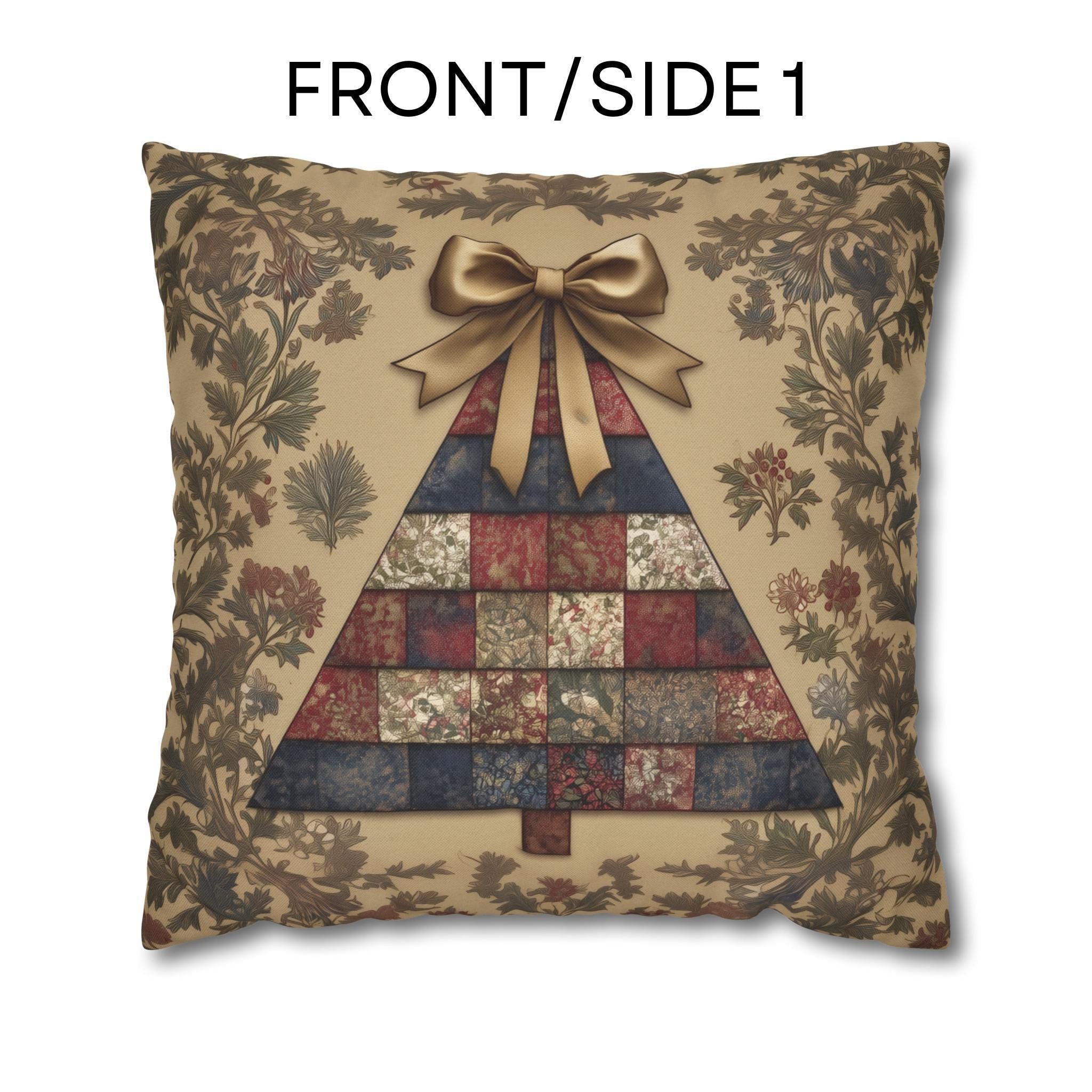William Morris Christmas Tree Pillow Cover: Quilted Look Navy, Red & Gold Botanicals
