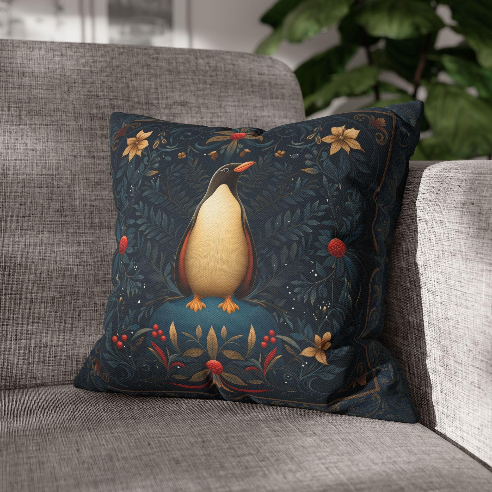 William Morris Christmas Penguin Pillow Cover:  Elegant Winter Holiday Accent