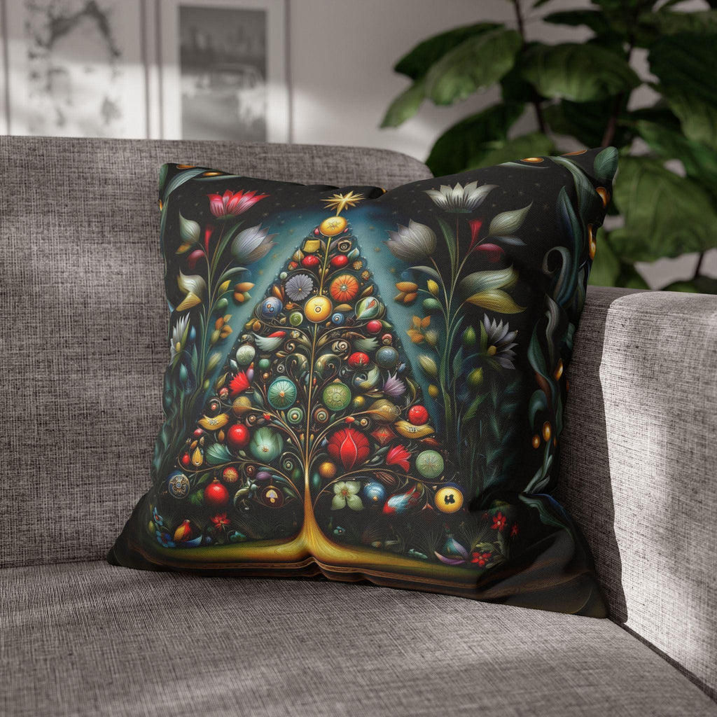 Jewel Tone Christmas Pillow Cover: Decorated Botanical Tree with Bright Ornaments and Florals