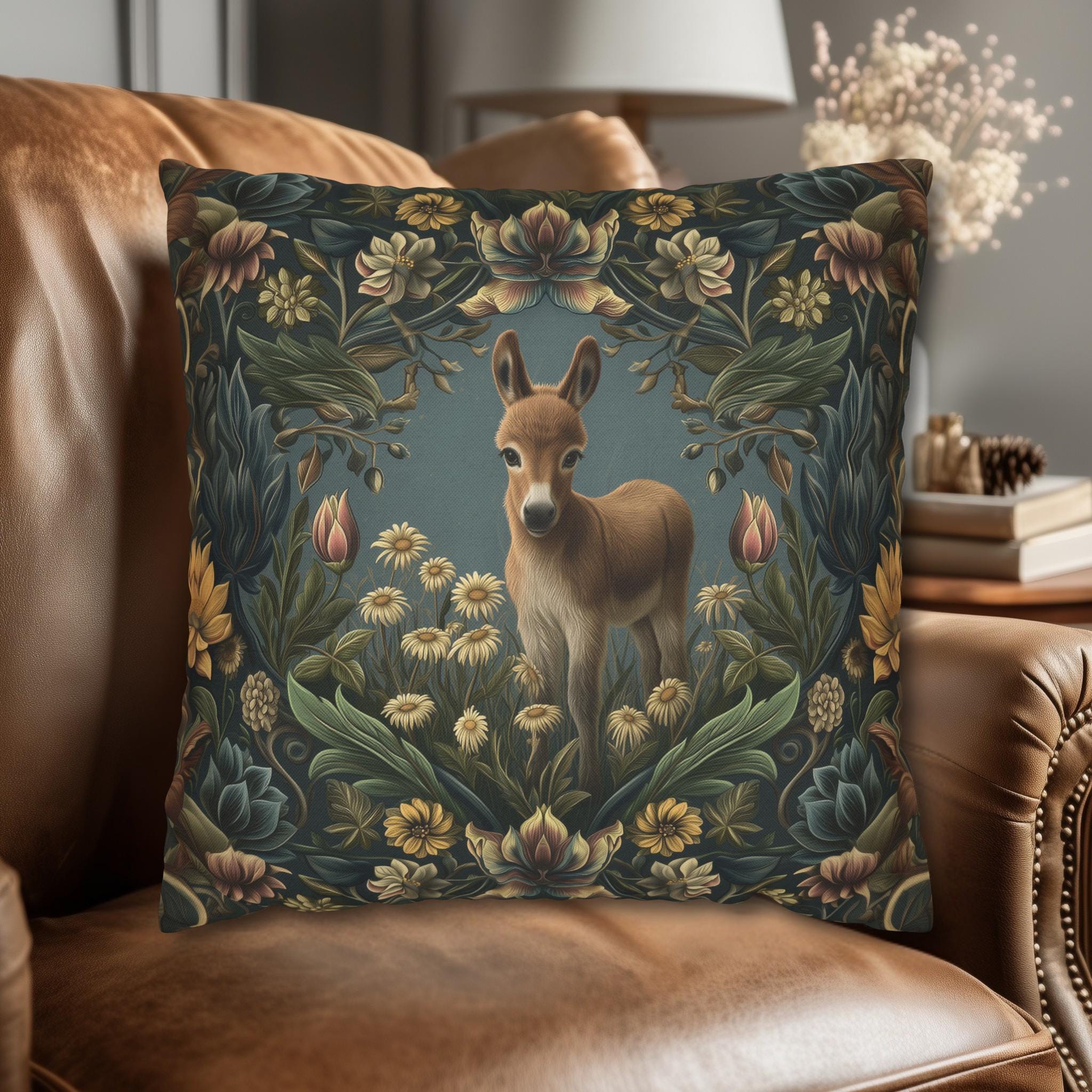 Donkey Pillow Cover:  William Morris Inspired Botanical Daisies Meadow